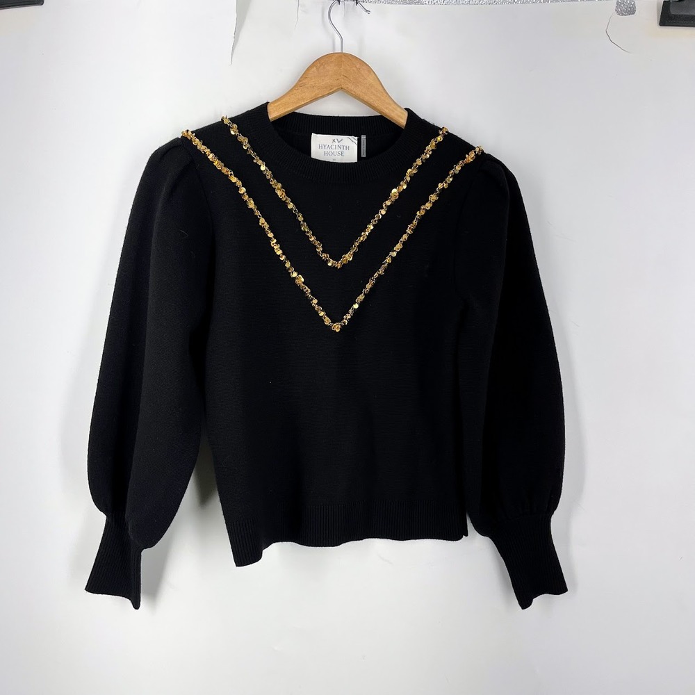 Hyacinth House Womens Black Gold Sequin Double V Puff Sleeve Sweater XS AY052T